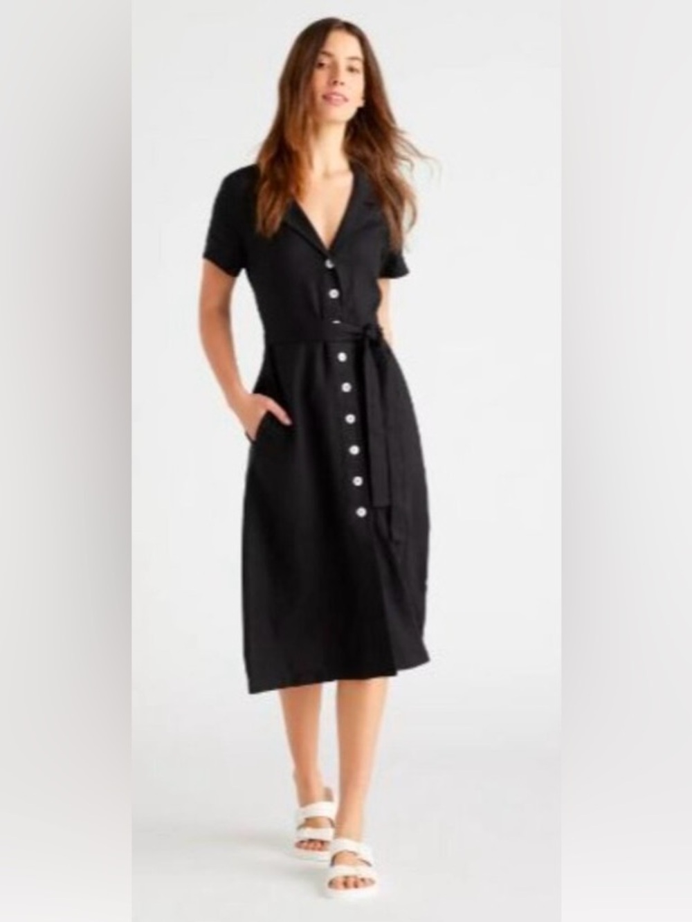 Quince European Linen Button Front Dress Black Large